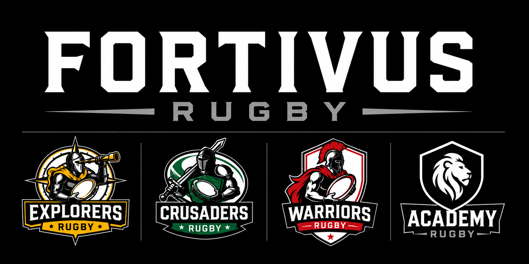 Fortivus Rugby pathway logos: Explorers, Crusaders, Warriors, and Academy